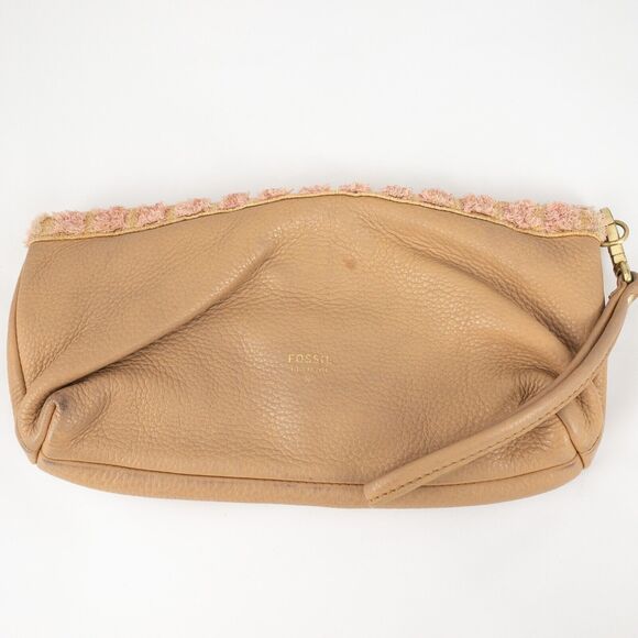 Fossil Purse Preston Leather Straw Fold-Over Pouch with Wristlet Tan Pink Purple - Picture 5 of 16